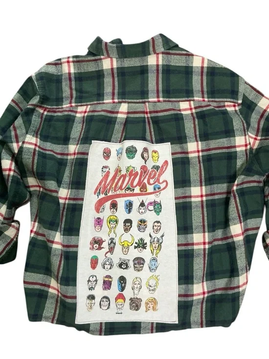 MARVEL Theme Upcycled T Shirt Flannel Top Grunge Beach Festival - Picture 5 of 10
